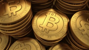 Close up 3D illustration of paneled golden Bitcoins